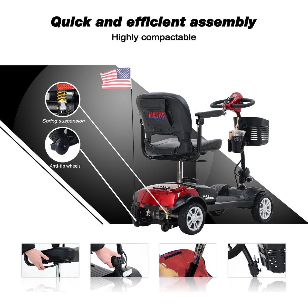 MAX SPORT RED 4 Wheels Outdoor Compact Mobility Scooter with 2pcsx12AH Lead acid Battery