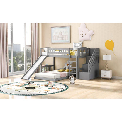 Stairway Twin over Twin Bunk Bed with Two Drawers and Slide, Gray