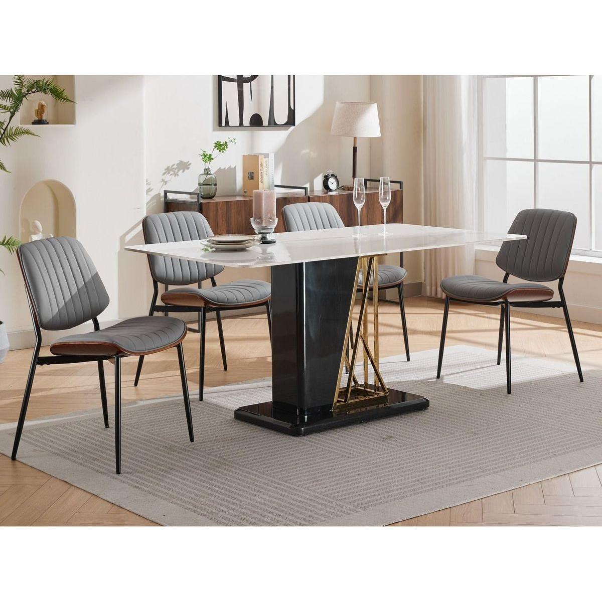 Dining Chairs Set of 2 Mid Century Modern Retro Faux Leather Chair with Walnut Bentwood Back Upholstered Seat Metal Legs Adjustable Foot for Kitchen Dining Room Chairs(Gray PU)
