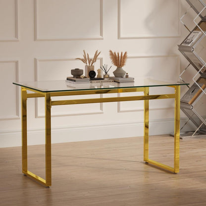 Modern Minimalist Rectangular Glass Dining Table for 4-6 with 0.31" Tempered Glass Tabletop and Golden Chrome Metal Legs, Writing Table Desk, for Kitchen Dining Living Room, 51" W x 27"D x 30" H
