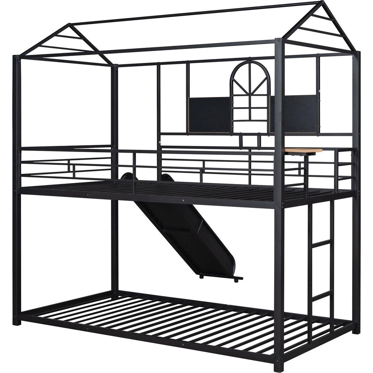 Twin Over Twin Metal Bunk Bed, Metal Housebed With Slide,Three Colors Available.(Black with Black Slide)
