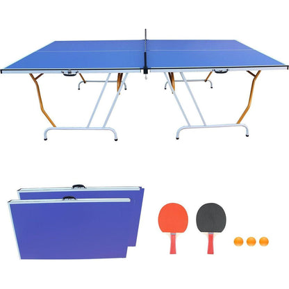 9ft Mid-Size Table Tennis Table Foldable & Portable Ping Pong Table Set for Indoor Games with Net, 2 Table Tennis Paddles and 3 Balls