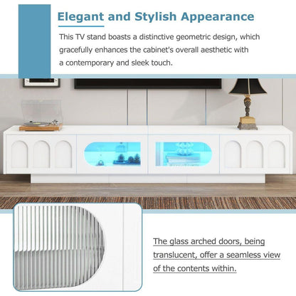 TV Stand with Fluted tempered Glass Doors for TVs Up to 95", Functional Media Console with Arched Cabinet Doors, Entertainment Center with APP-Controlled LED Light for Living Room, White