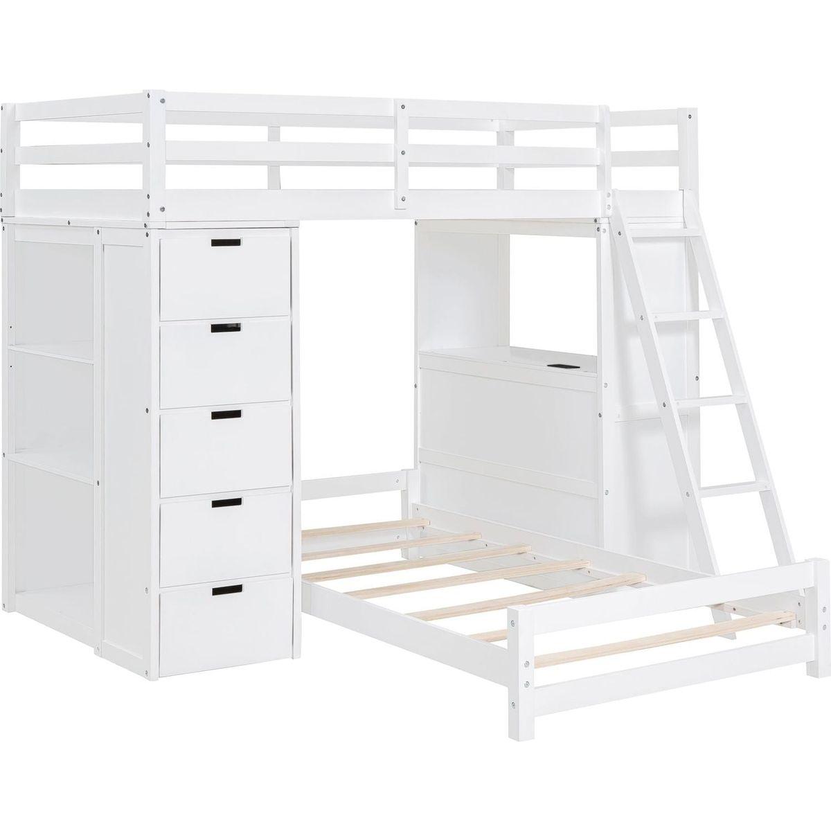 Twin over Twin Bunk Bed with LED Light and USB Ports, White