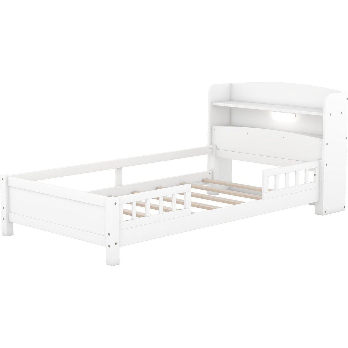 Wood Twin Size Platform Bed with Built-in LED Light, Storage Headboard and Guardrail, White