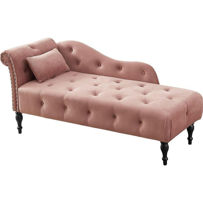 60.6" Velvet Chaise Lounge Buttons Tufted Nailhead Trimmed Solid Wood Legs with 1 Pillow,Rose (Left Arm Design as Shown in the Picture)