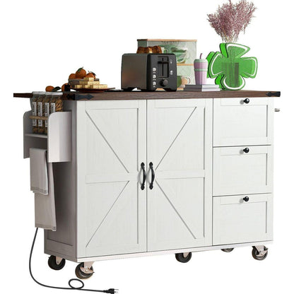 54.5" Farmhouse Kitchen Island with Power Outlet, Kitchen Storage Island with Internal Storage Rack, Drop Leaf, Spice Rack, Rolling Kitchen Cart on Wheels, for Home, Kitchen and Dining Room,White