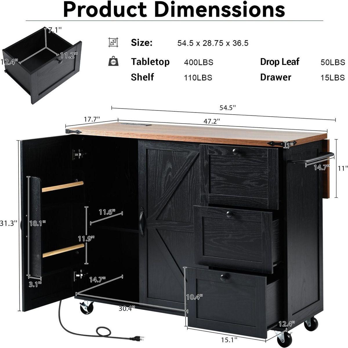 54.5" Farmhouse Kitchen Island with Power Outlet, Kitchen Storage Island with Internal Storage Rack, Drop Leaf, Spice Rack, Rolling Kitchen Cart on Wheels, for Home, Kitchen and Dining Room,Black