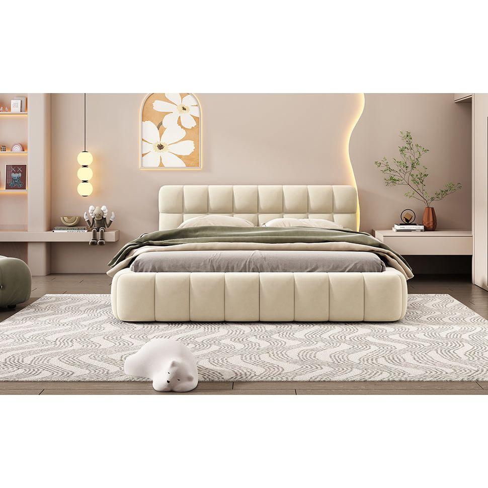 Queen Size Upholstered Platform Bed with Thick Fabric, Grounded Bed with Solid Frame, Beige