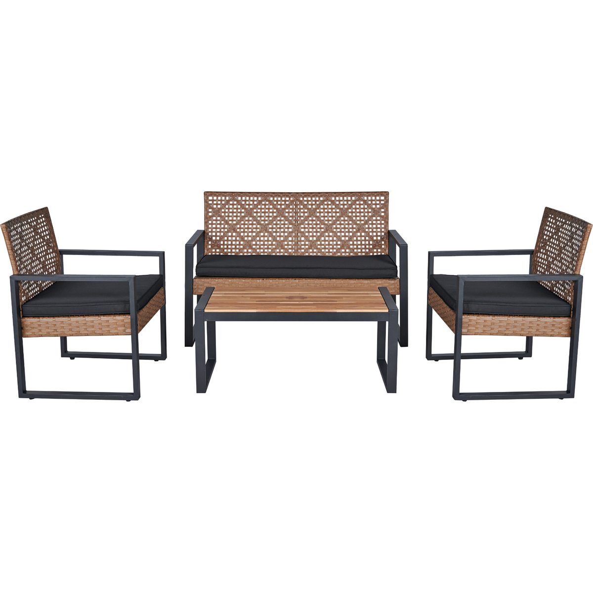 4-Piece Patio Furniture Set Outdoor Balcony Porch Garden Backyard Lawn Furniture Acacia Wood Table Top, Morden Black and Light Brown