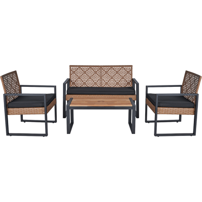 4-Piece Patio Furniture Set Outdoor Balcony Porch Garden Backyard Lawn Furniture Acacia Wood Table Top, Morden Black and Light Brown