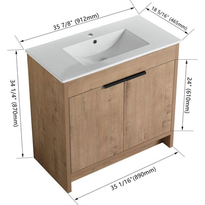 36" Freestanding Bathroom Vanity with White Ceramic Sink & 2 Soft-Close Cabinet Doors ((KD-PACKING),BVB02436IMO-F-