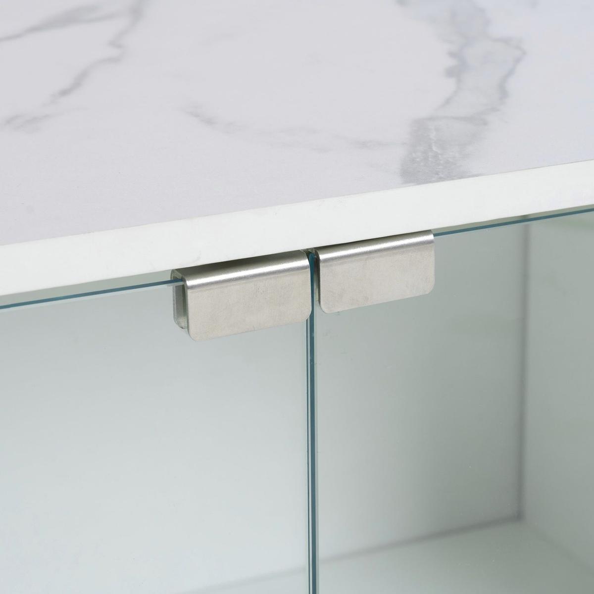 Modern APP Controlled LED TV Stand for TVs Up to 105", Faux Marble Tabletop Media Console with Tempered Glass Doors, Entertainment Center with 2 Drawers & Cabinets for Living Room, White