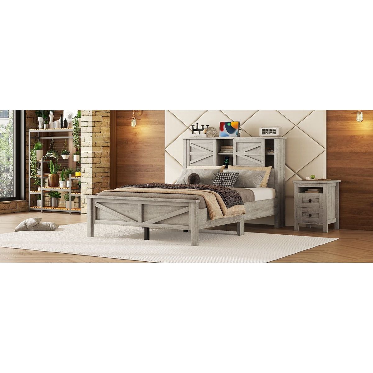 Farmhouse Platform Bed with Double Sliding Barn Door, Full Size Rustic Wood Bed with Charging Station, Wood Slats Support, Antique Gray
