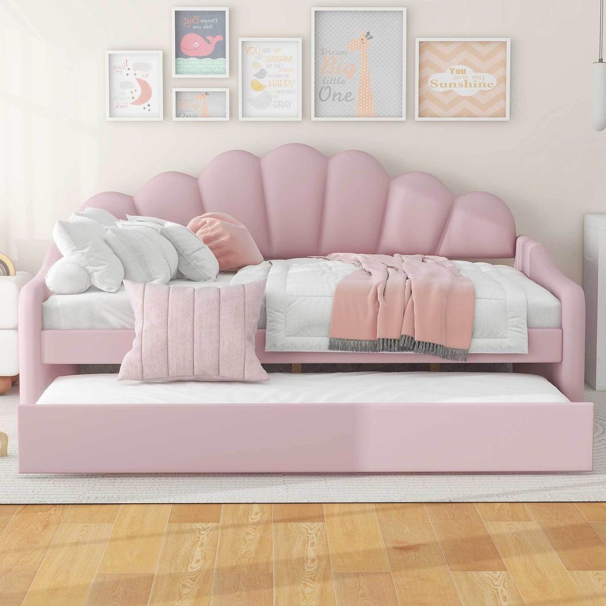 Full Size Upholstery Daybed Frame with Shall Shaped Backrest and Trundle,Pink