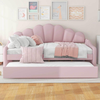 Full Size Upholstery Daybed Frame with Shall Shaped Backrest and Trundle,Pink