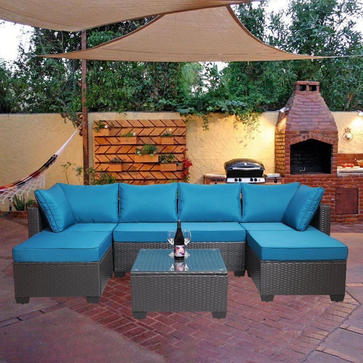 Outdoor Garden Patio Furniture 7-Piece PE Rattan Wicker Cushioned Sofa Sets and Coffee Table, patio furniture set;outdoor couch;outdoor couch patio furniture;outdoor sofa;patio couch