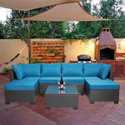 Outdoor Garden Patio Furniture 7-Piece PE Rattan Wicker Cushioned Sofa Sets and Coffee Table, patio furniture set;outdoor couch;outdoor couch patio furniture;outdoor sofa;patio couch
