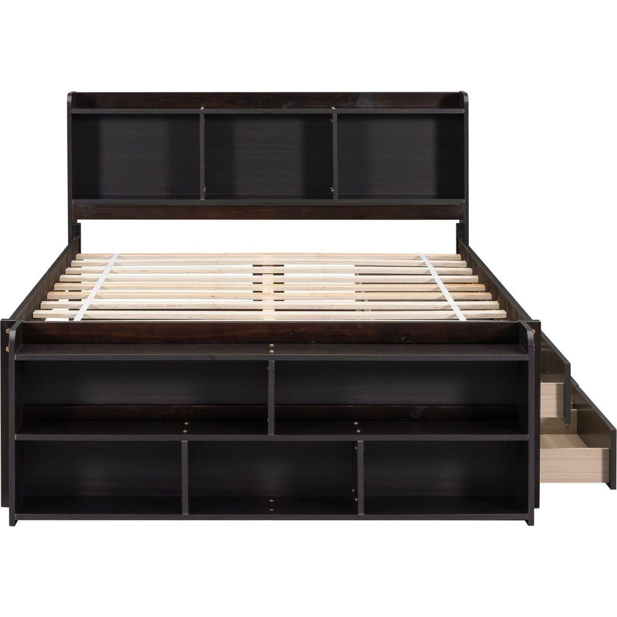 Full Bed with Bookcase Headboard, Under bed Storage Drawers and Bed End Storage Case,Espresso
