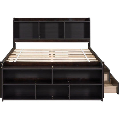 Full Bed with Bookcase Headboard, Under bed Storage Drawers and Bed End Storage Case,Espresso