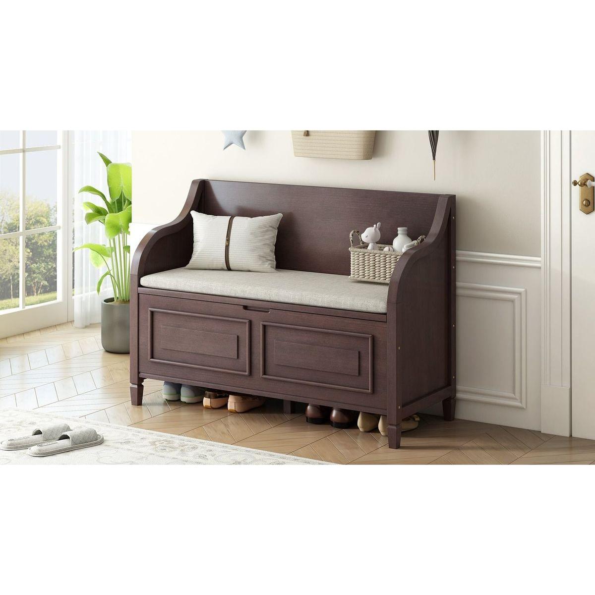 Rustic Style Solid wood Entryway Multifunctional Storage Bench with Safety Hinge (Espresso + Beige)