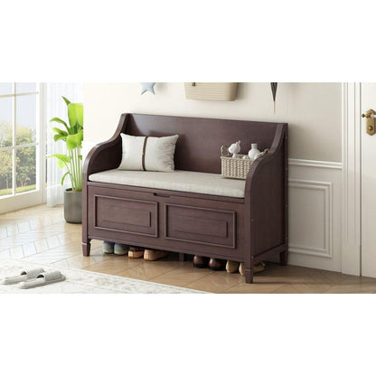 Rustic Style Solid wood Entryway Multifunctional Storage Bench with Safety Hinge (Espresso + Beige)