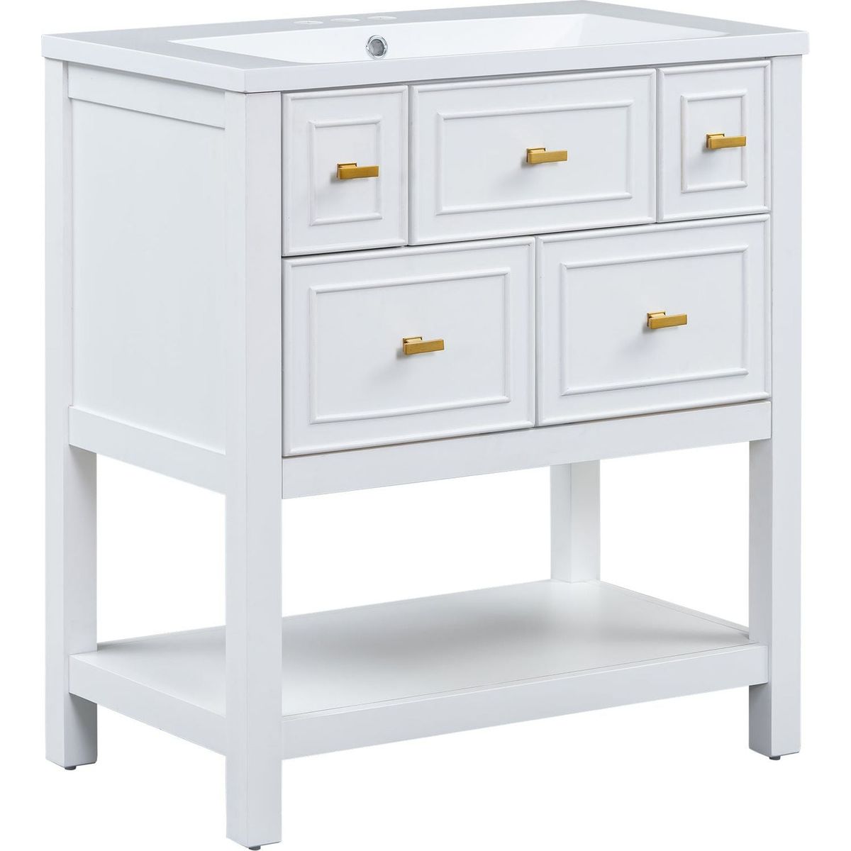 30" Bathroom Vanity with Resin Sink Combo, Free Standing Single Vanity Set with 5 Drawers, Solid Wood Frame Bathroom Storage Cabinet, White