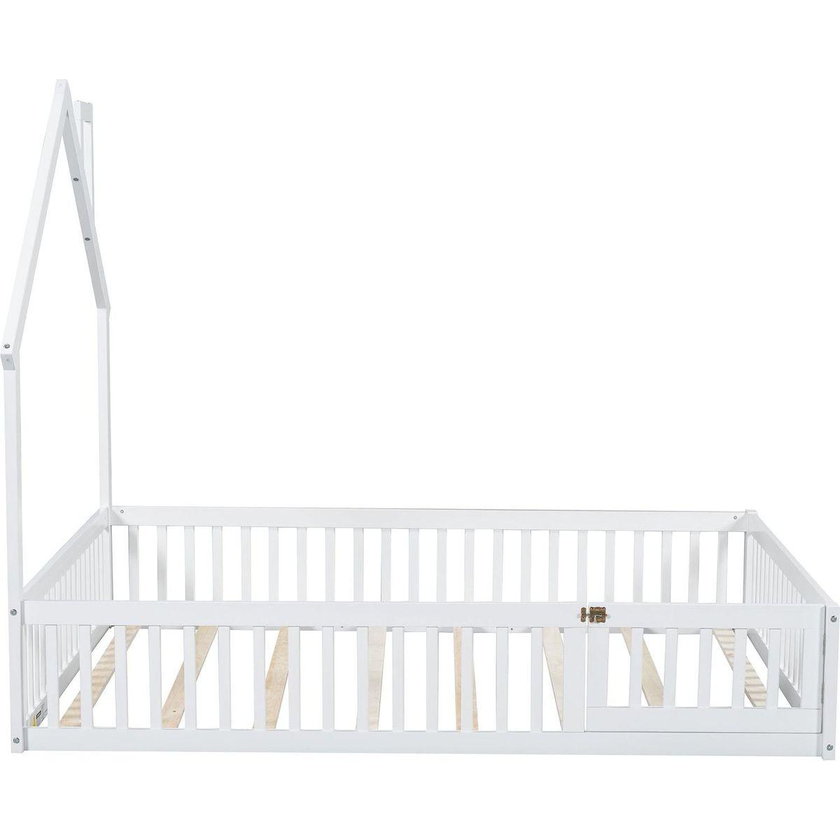 Wood Full Size House Platform Bed with Guardrail, White