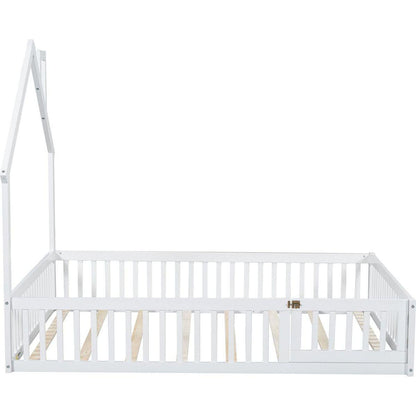 Wood Full Size House Platform Bed with Guardrail, White