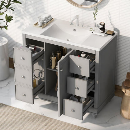 Contemporary Gray Bathroom Vanity Cabinet - 36x18x34 inches, 4 Drawers & 1 Cabinet Door, Multipurpose Storage, Resin Integrated Sink, Adjustable Shelves, Solid Wood Frame with MDF