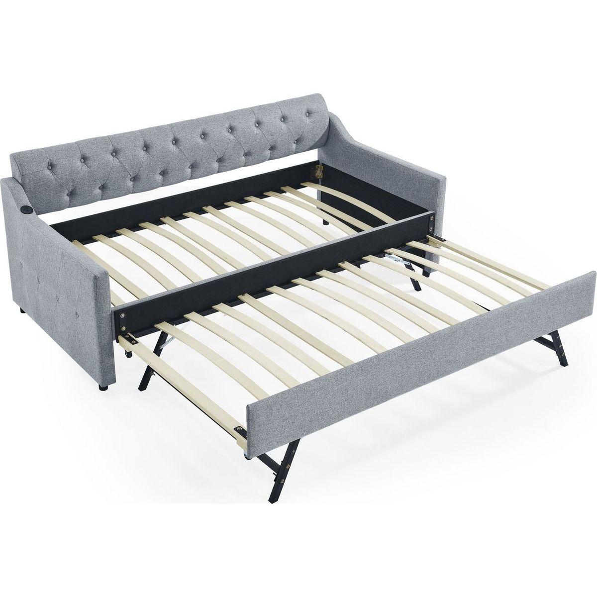 Twin Size Upholstery DayBed with Twin Size Erectable Trundle and USB Charging Design, Linen Grey
