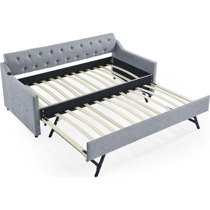 Twin Size Upholstery DayBed with Twin Size Erectable Trundle and USB Charging Design, Linen Grey
