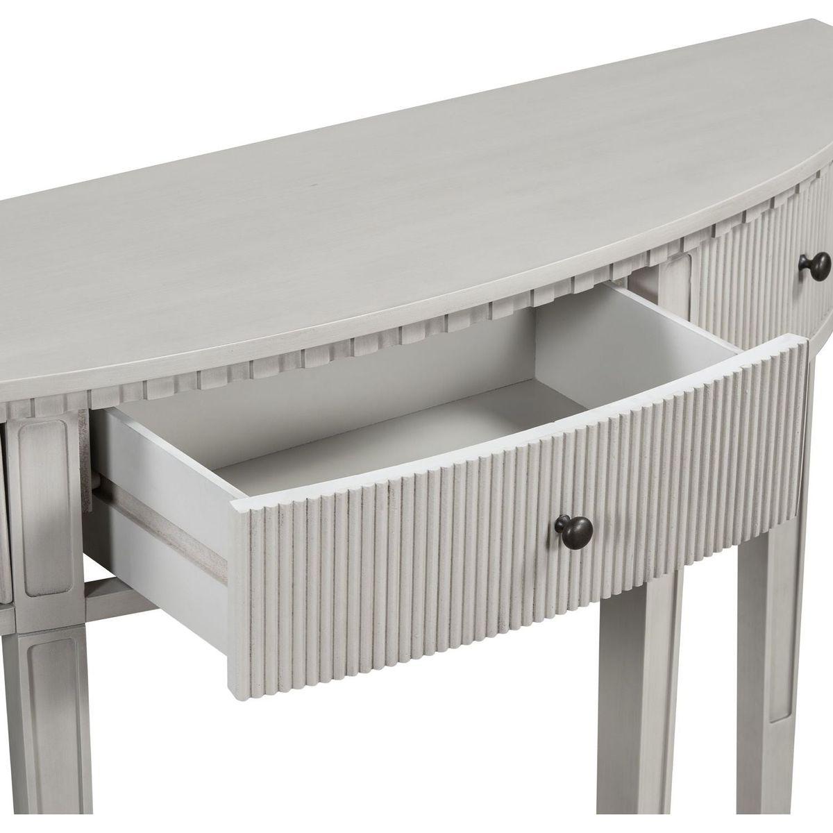 Distinctive Features of Pine Veneer Console Table with Vertical Stripe Drawer Fronts and Four Legs