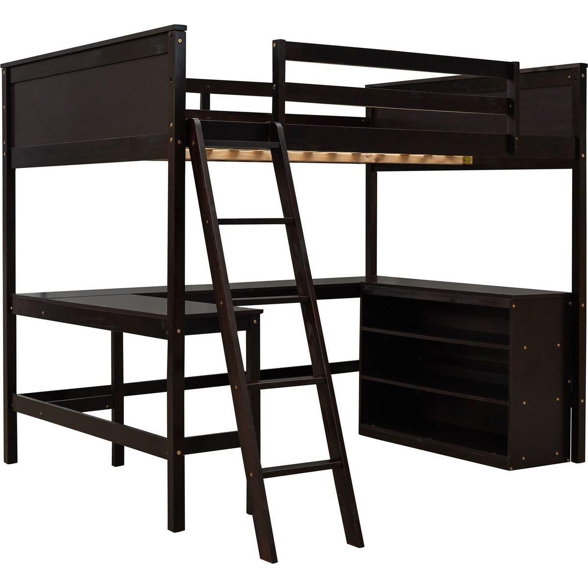 Full size Loft Bed with Shelves and Desk, Wooden Loft Bed with Desk - Espresso