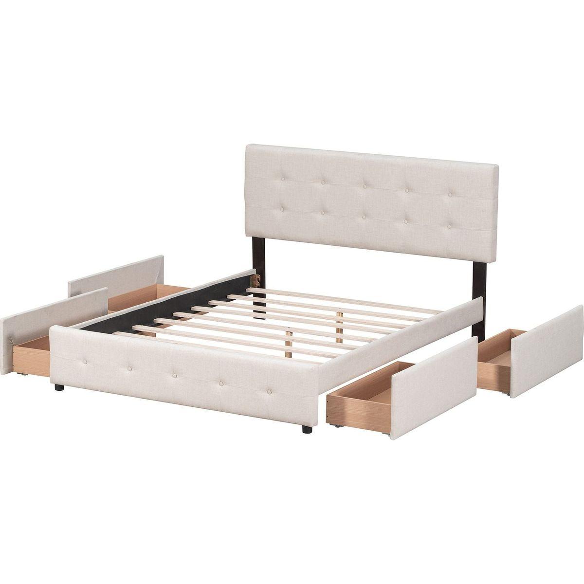 Upholstered Platform Bed with Classic Headboard and 4 Drawers, No Box Spring Needed, Linen Fabric, Queen Size Beige