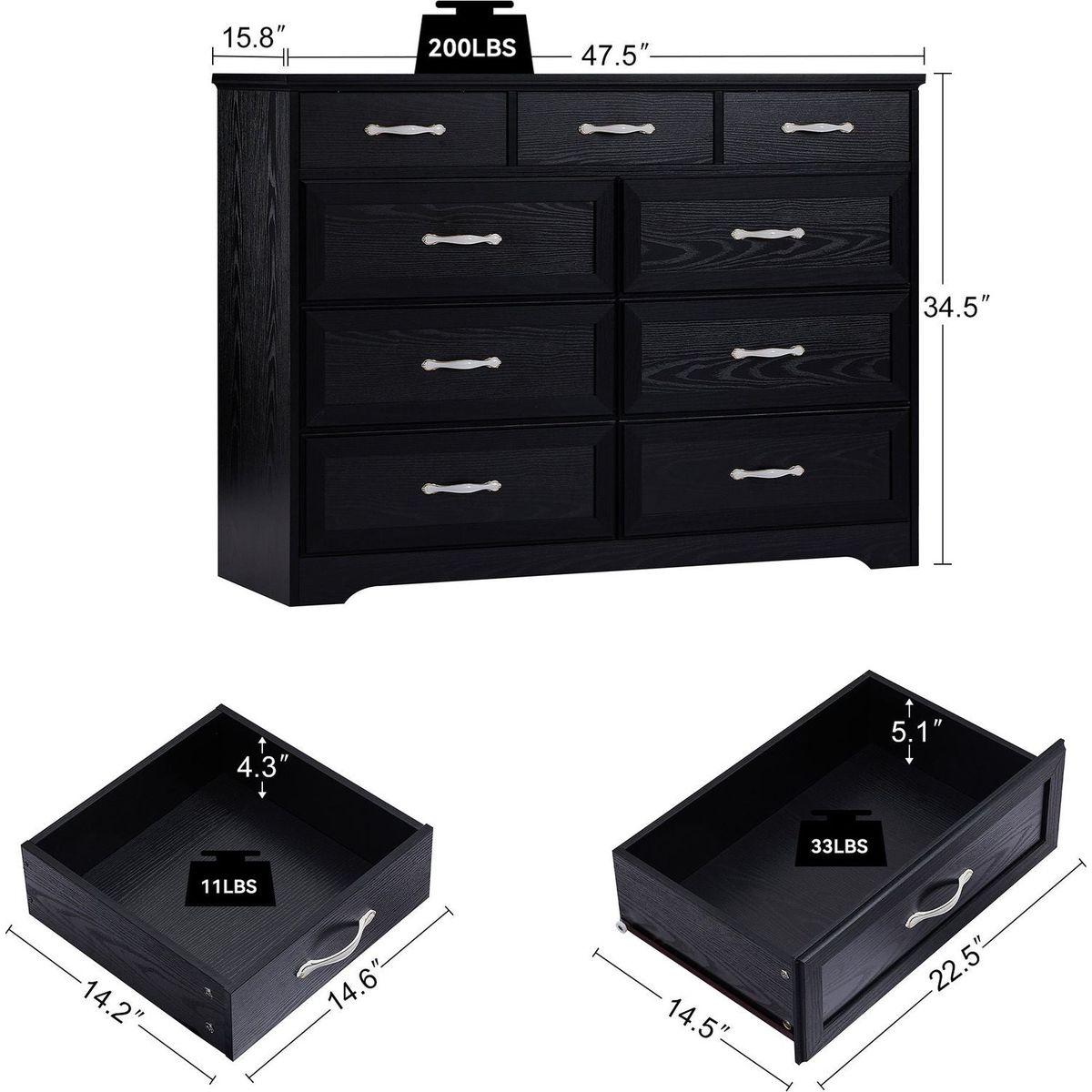 Bedroom dresser, 9 drawer long dresser with antique handles, wood chest of drawers for kids room, living room, entry and hallway, Black, 47.56"W x 15.75"D x 34.45"H.