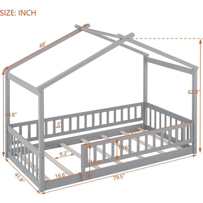 Twin Size Wood Bed House Bed Frame with Fence, for Kids, Teens, Girls, Boys, Gray