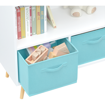 Kids bookcase with Collapsible Fabric Drawers, Children's Book Display, Toy Storage Cabinet Organizer, White/Blue