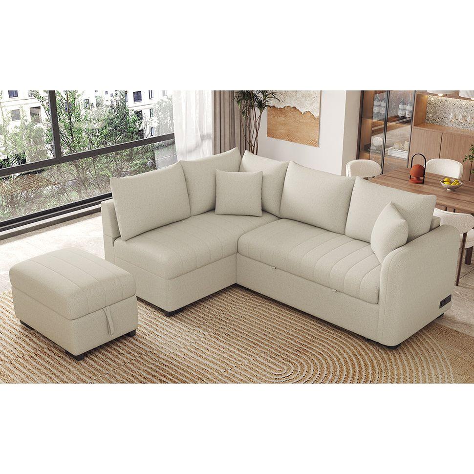82.6" L-shaped Sectional Pull Out Sofa Bed Sleeper Sofa with Two USB Ports, Two Power Sockets and a Movable Storage Ottoman, Beige