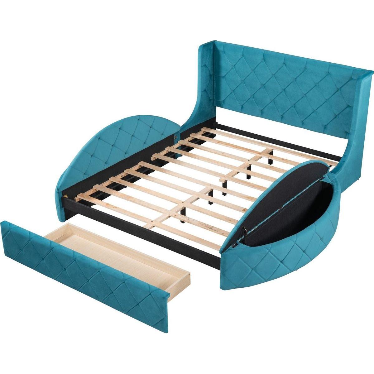 Upholstered Platform Bed Queen Size Storage Velvet Bed with Wingback Headboard and 1 Big Drawer,2 Side Storage Stool(Blue)