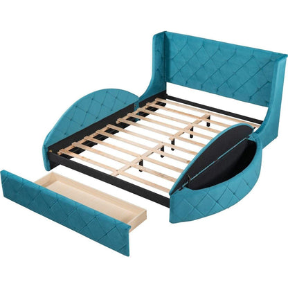 Upholstered Platform Bed Queen Size Storage Velvet Bed with Wingback Headboard and 1 Big Drawer,2 Side Storage Stool(Blue)