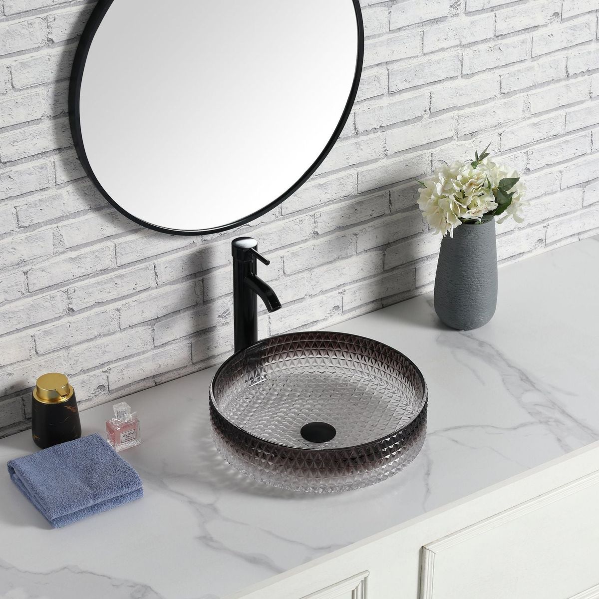 Diamond Shape Bathroom Crystal Glass Vessel Sink, Bathroom Countertop Basin (Transparent Gradient Black-Grey)