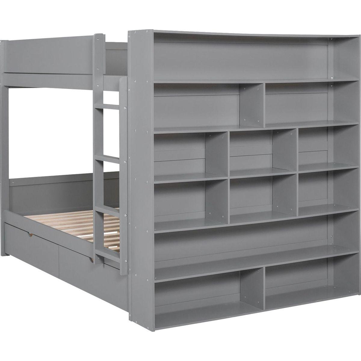 Full over Full Bunk Bed With 2 Drawers and Multi-layer Cabinet, Gray