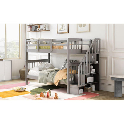 Stairway Twin-Over-Twin Bunk Bed with Storage and Guard Rail for Bedroom, Dorm, Gray color