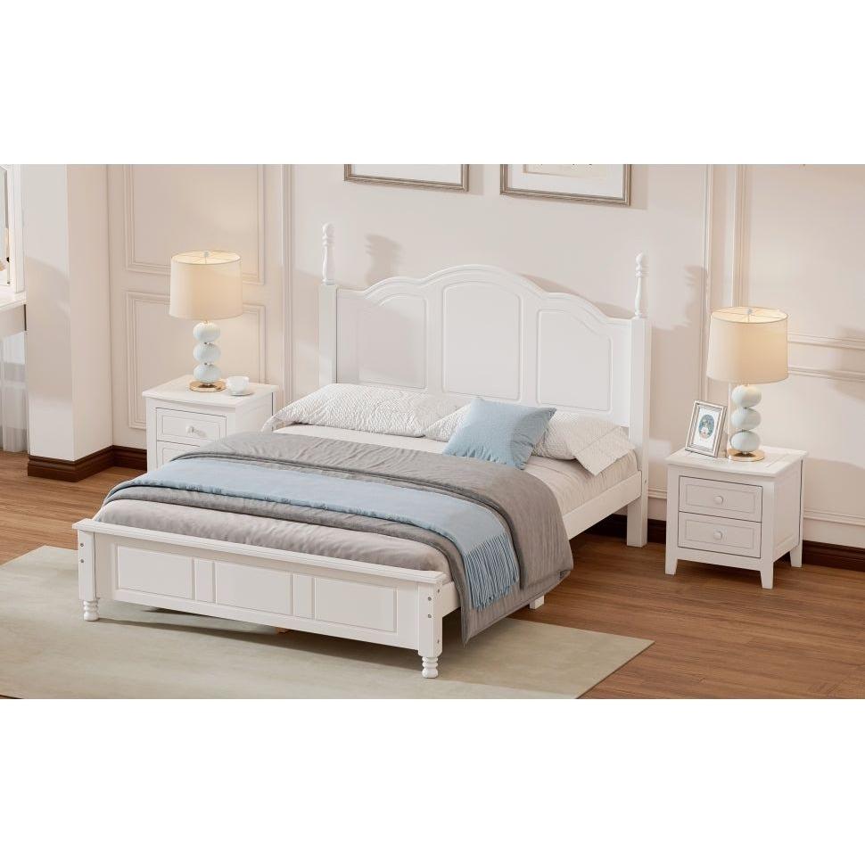 Full Size Wood Platform Bed Frame,Retro Style Platform Bed with Wooden Slat Support,White