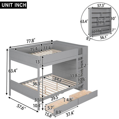 Full over Full Bunk Bed With 2 Drawers and Multi-layer Cabinet, Gray