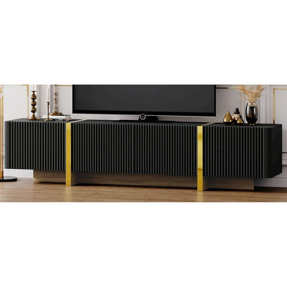 Luxury Fluted TV Stand for TVs Up to 80", Modern Entertainment Center with Storage Cabinets & Drawers, Smooth Media Console with Golden Wood Grain Legs for Living Room, Black