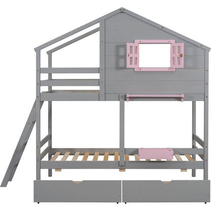 Twin over Twin Bunk Bed with 2 Drawers, 1 Storage Box, 1 Shelf, Window and Roof-Gray