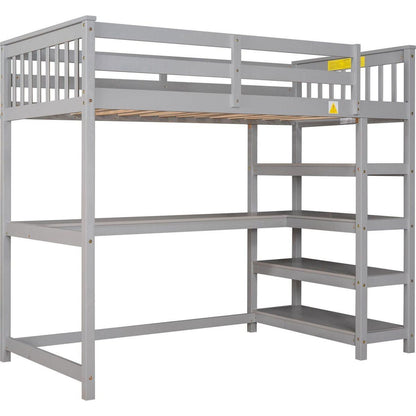 Twin Size Loft Bed with Storage Shelves and Under-bed Desk, Gray
