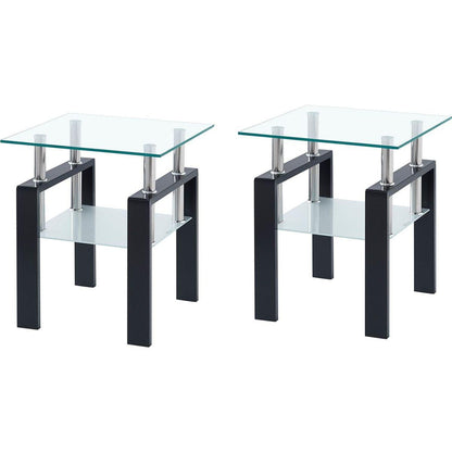 Tempered Transparent Glass End Table, 2-Layers Small Table with Storage, Living Room Side Table